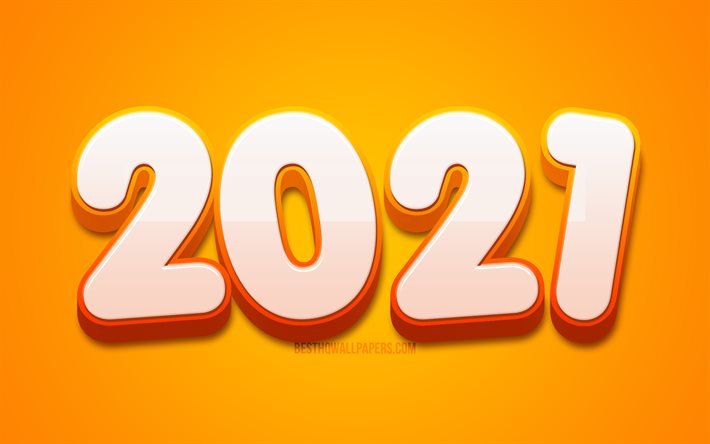 4k, Felice anno nuovo 2021, cifre bianche 3D, 2021 cifre bianche, 2021 concetti, 2021 nuovo anno, 2021 su sfondo giallo, 2021 cifre dell&#39;anno