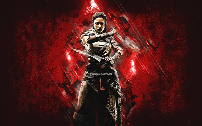 Aya, Assassins Creed, red stone background, Aya skin, Assassins Creed characters