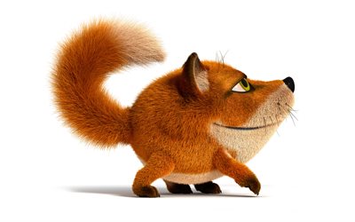 cartoon 3D raposa, 4k, fundos brancos, animais 3D, animais engra&#231;ados, raposa