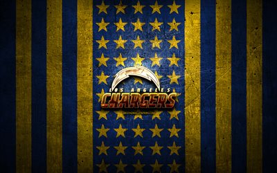 Los Angeles Chargers flag, NFL, blue yellow metal background, american football team, Los Angeles Chargers logo, USA, american football, golden logo, Los Angeles Chargers, LA Chargers