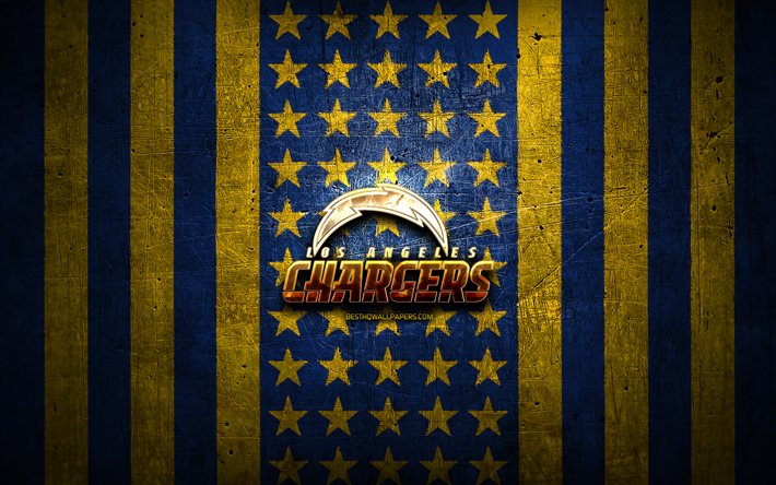 Bandeira do Los Angeles Chargers, NFL, fundo azul amarelo metal, time de futebol americano, logotipo do Los Angeles Chargers, EUA, futebol americano, logotipo dourado, Los Angeles Chargers, LA Chargers