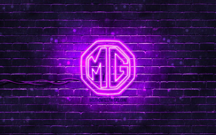 Logo MG violet, 4k, brickwall violet, logo MG, marques de voitures, logo MG n&#233;on, MG