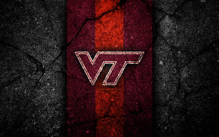 Virginia Tech Hokies, 4k, time de futebol americano, NCAA, pedra laranja roxa, EUA, textura de asfalto, futebol americano, logotipo do Virginia Tech Hokies
