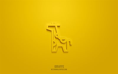 Girafe ic&#244;ne 3d, fond jaune, les symboles 3d, la Girafe, le creative art 3d, la 3d, les ic&#244;nes, signe, Animaux 3d ic&#244;nes de dessin anim&#233; Girafe ic&#244;ne 3d