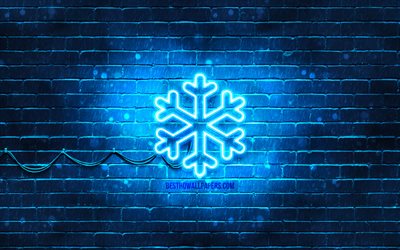 Snowflake neonikon, 4k, bl&#229; bakgrund, neonsymboler, Snowflake, neonikoner, Snowflake-skylt, naturskyltar, Snowflake-ikon, naturikoner