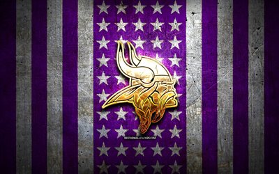 Drapeau des Vikings du Minnesota, NFL, fond de m&#233;tal blanc violet, &#233;quipe de football am&#233;ricain, logo des Vikings du Minnesota, Etats-Unis, football am&#233;ricain, logo d’or, Vikings du Minnesota