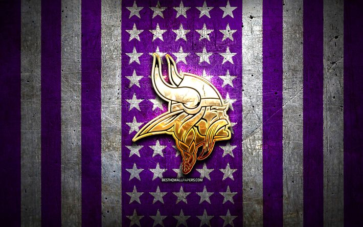 Drapeau des Vikings du Minnesota, NFL, fond de m&#233;tal blanc violet, &#233;quipe de football am&#233;ricain, logo des Vikings du Minnesota, Etats-Unis, football am&#233;ricain, logo d’or, Vikings du Minnesota