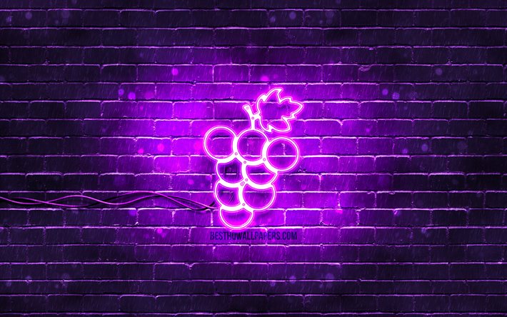 Icona al neon uva, 4k, sfondo viola, simboli al neon, uva, icone al neon, segno uva, segni di cibo, icona uva, icone del cibo