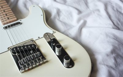 أبيض الغيتار الكهربائي, أدوات الموسيقى, الغيتار على السرير, خلفية مع الغيتار, الجيتار الكهربائي