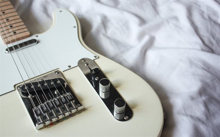 chitarra elettrica bianca, strumenti musicali, chitarra sul letto, sfondo con chitarra, chitarre elettriche