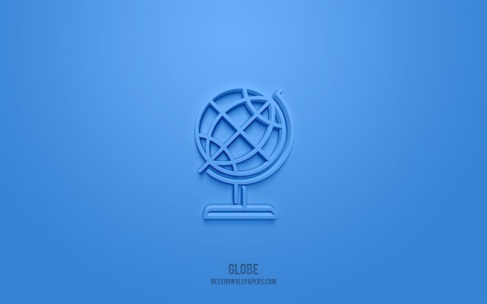 globus 3d-symbol, blauer hintergrund, 3d-symbole, globus, kreative 3d-kunst, globus-zeichen, bildung 3d-symbole