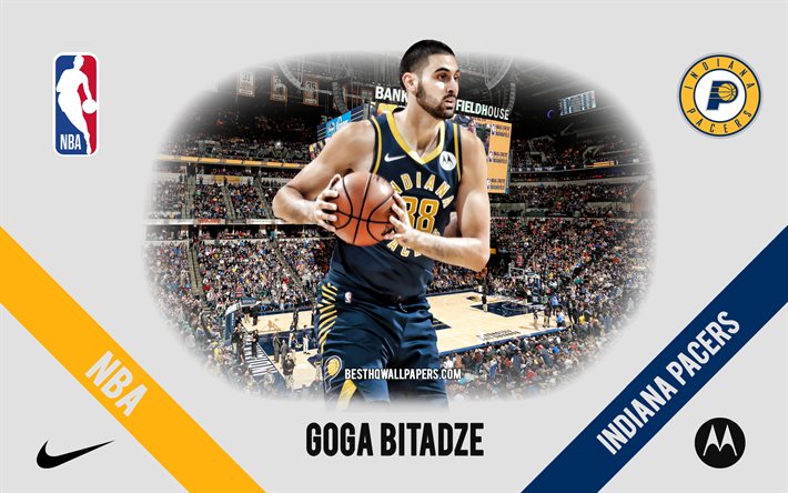 Goga Bitadze, Indiana Pacers, georgiana giocatore di basket, NBA, ritratto, Stati Uniti d&#39;America, basket, Bankers Life Fieldhouse, logo Indiana Pacers