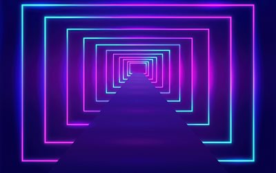 neon light tunnel, optical illusion, tunnel, road, path, purple neon background, neon light