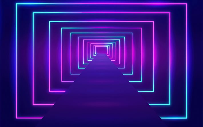 neonljustunnel, optisk illusion, tunnel, v&#228;g, stig, lila neonbakgrund, neonljus