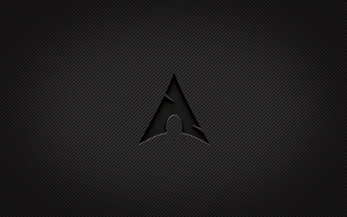Arch Linux carbon logo, 4k, grunge art, carbon background, creative, Arch Linux black logo, Linux, Arch Linux logo, Arch Linux