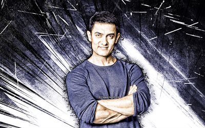 4k, Aamir Khan, grunge-taide, intialainen näyttelijä, Bollywood, elokuvatähdet, intialainen julkkis, harmaat abstraktit säteet, Mohammed Aamir Hussain Khan, Aamir Khan 4K