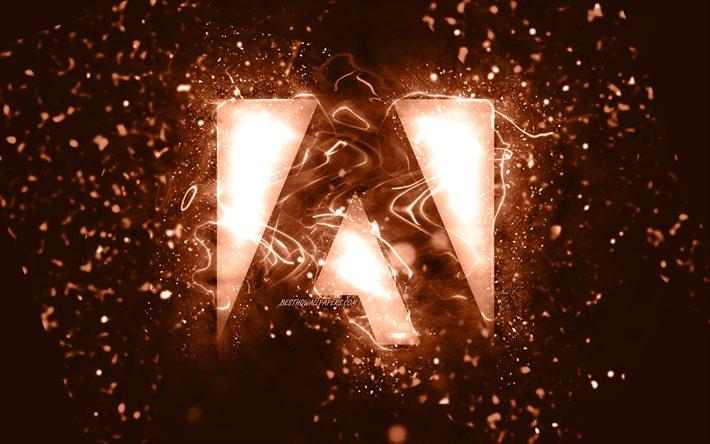 Adobe kahverengi logosu, 4k, kahverengi neon ışıkları, yaratıcı, kahverengi soyut arka plan, Adobe logosu, markalar, Adobe