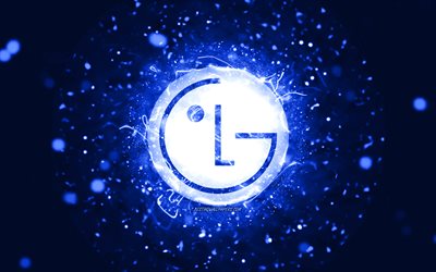 LG dark blue logo, 4k, dark blue neon lights, creative, dark blue abstract background, LG logo, brands, LG