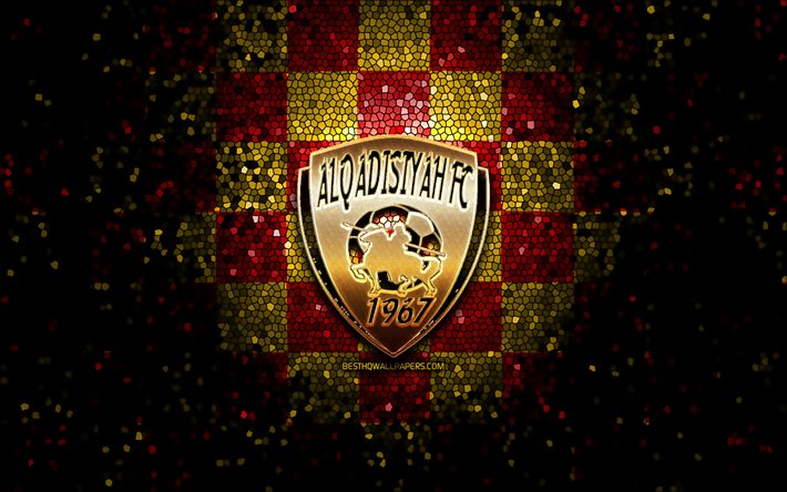 Al-Qadsiah FC, logotipo brilhante, Liga Profissional Saudita, fundo xadrez vermelho amarelo, futebol, clube de futebol saudita, logotipo Al-Qadsiah, arte em mosaico, Al Qadsiah