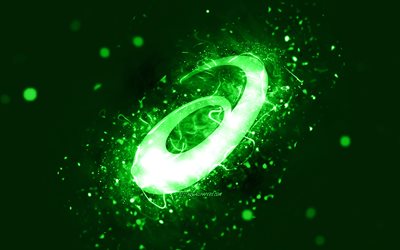 Logo ASICS verde, 4k, luci al neon verdi, creativo, sfondo astratto verde, logo ASICS, marchi di moda, ASICS