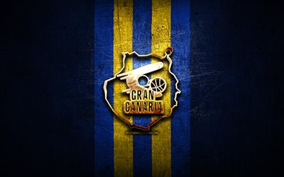 Gran Canaria, logo dorato, ACB, sfondo blu in metallo, squadra spagnola di basket, logo CB Gran Canaria, basket, CB Gran Canaria
