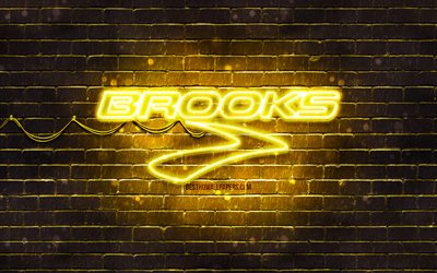 Brooks Sports yellow logo, 4k, yellow brickwall, Brooks Sports logo, brands, Brooks Sports neon logo, Brooks Sports