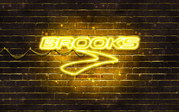 brooks sports gelbes logo, 4k, gelbe brickwall, brooks sports logo, marken, brooks sports neon logo, brooks sports