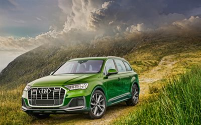 Audi Q7, offroad, SUVs, 2021 carros, HDR, Green Audi Q7, 2021 Audi Q7, carros alemães, Audi