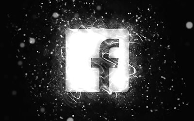 Facebook white logo, 4k, white neon lights, creative, black abstract background, Facebook logo, social network, Facebook
