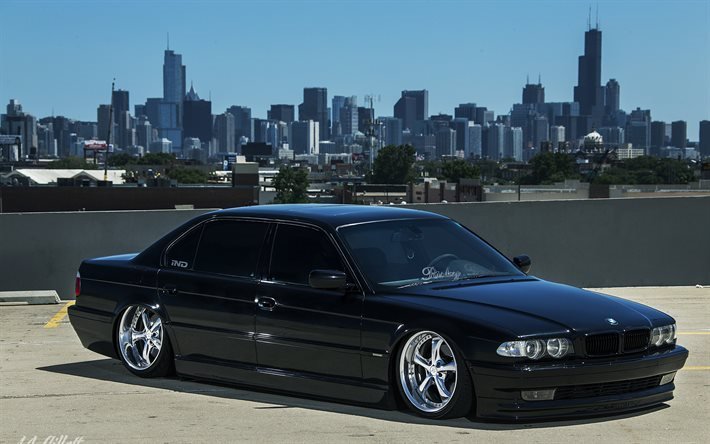 Download wallpapers BMW 7, black BMW, E38, Chicago, Stance