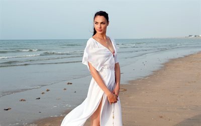 Gal Gadot, aktris, beyaz elbise, okyanus, Amerikalı oyuncu