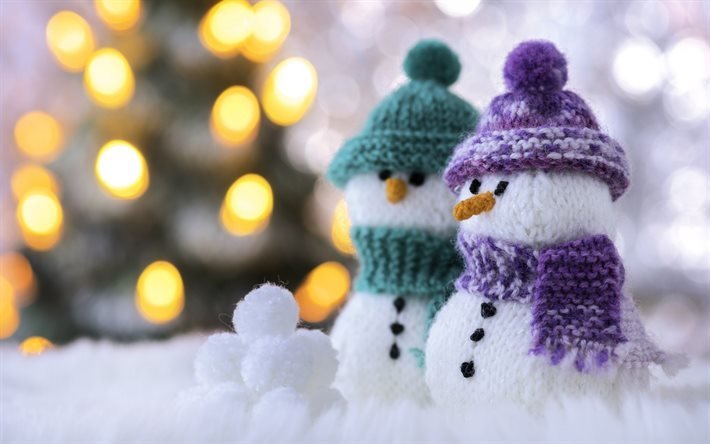 snowmen, Christmas, winter, knitted scarves