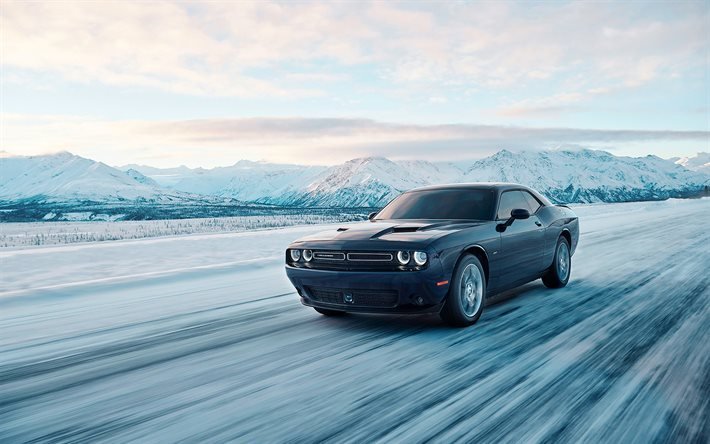 Dodge Challenger GT AWD, el movimiento de 2017, los coches, carretera, invierno, negro de Dodge