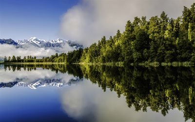 mountains, lake, forest, snow, summer, Southern Alps, Lake Matheson, New Zealand