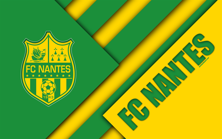 1 FC Nantes, 4k, malzeme tasarımı, logo, Fransız Futbol Kul&#252;b&#252;, yeşil sarı soyutlama, İzle, Nantes, Fransa, futbol
