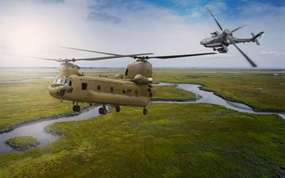 Boeing CH-47 Chinook, McDonnell Douglas AH-64 Apache, transport helicopter, combat helicopter, military aviation, 4k, US Air Force