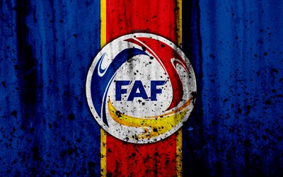 Andorra national football team, 4k, logo, grunge, Europe, football, stone texture, soccer, Andorra, European national teams