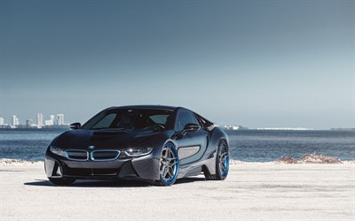 BMW i8, 2018, front view, sports electric car, tuning, black i8, BMW
