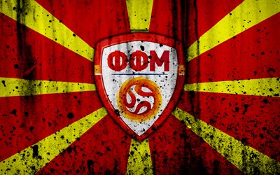 Macedonia national football team, 4k, logo, grunge, Europe, football, stone texture, soccer, Macedonia, European national teams
