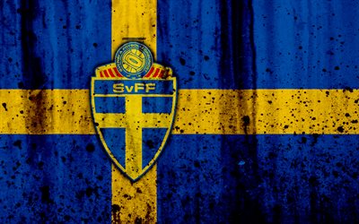 Sweden national football team, 4k, logo, grunge, Europe, football, stone texture, soccer, Sweden, European national teams
