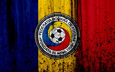 Romania national football team, 4k, logo, grunge, Europe, football, stone texture, soccer, Romania, European national teams