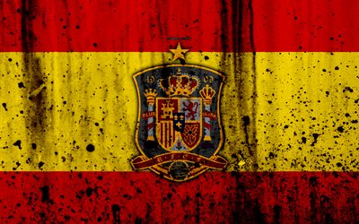 Spain national football team, 4k, logo, grunge, Europe, football, stone texture, soccer, Spain, European national teams