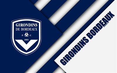 FC Girondins de Bordeaux, 4k, materiaali suunnittelu, Bordeaux &#39; n logo, Ranskan football club, sininen valkoinen abstraktio, Ligue 1, Bordeaux, Ranska, jalkapallo