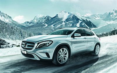 Mercedes-Benz GLA, 2018, New cars, compact SUV, silver GLA, winter, snow, snow riding, Mercedes