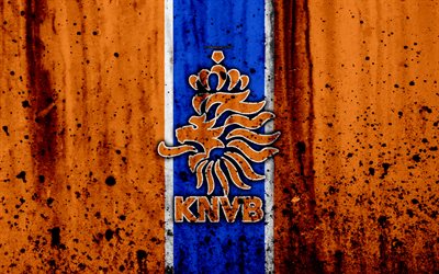 Netherlands national football team, 4k, logo, grunge, Europe, football, stone texture, soccer, Netherlands, European national teams