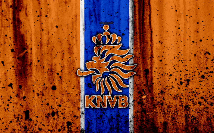 هولندا فريق كرة القدم الوطني, 4k, شعار, الجرونج, أوروبا, كرة القدم, الحجر الملمس, هولندا, الأوروبي المنتخبات الوطنية