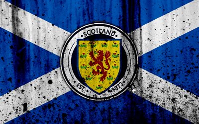 Scotland national football team, 4k, logo, grunge, Europe, football, stone texture, soccer, Scotland, European national teams