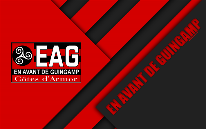 Framf&#246;r Guingamp, 4k, material och design, Guingamp fc logotyp, Franska fotbollsklubben, r&#246;d svart uttag, Ligue 1, Bretagne, Frankrike, fotboll