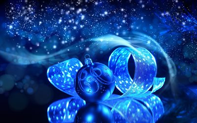 New Year, 2018, blue christmas balls, blue silk ribbon, Christmas