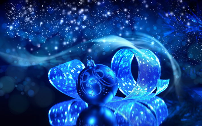 Anno nuovo, 2018, blu, palle di natale, nastro di seta, di Natale